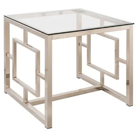 Contemporary Metal End Table with Glass Top & Geometric Motif